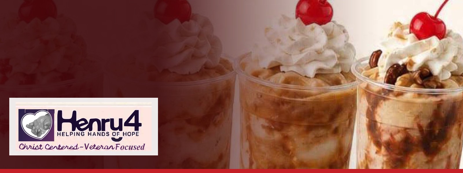 Row of Freddy's frozen custard sundaes with cherries on top, with the Henry 4 Helping Hands of Hope logo